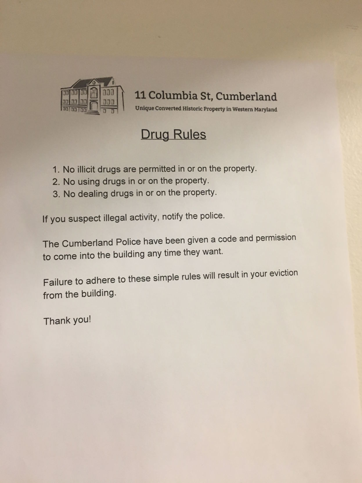 Drug rules notice to 11 Columbia St. tenants